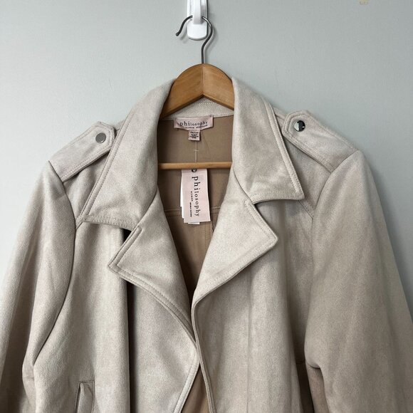 Philosphy Womens Plus Sz 2X Faux Suede Moto Military Jacket Powder Sand - Picture 2 of 11